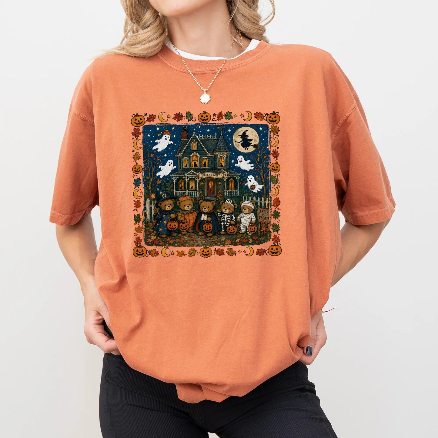 TYIIPLUS™ Vintage Halloween Bears Graphic T-Shirt – Cute Haunted House Trick or Treat Tee