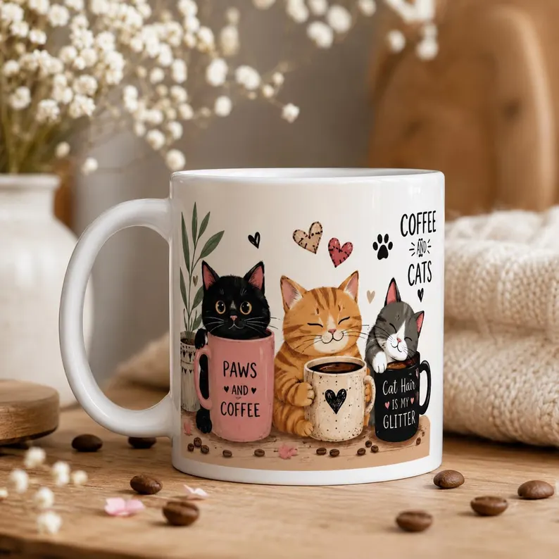 โ๐ฑ Cozy Cat Coffee Mug, Cute Ceramic Cup for Cat Lovers