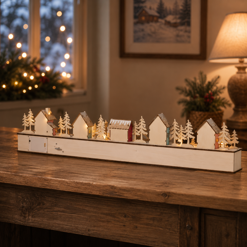 TYIIPLUS™ Home Reflections Christmas Village Advent Calendar – DIY Wooden Countdown Decoration with LED Lights, Music & 24 Gift Drawers