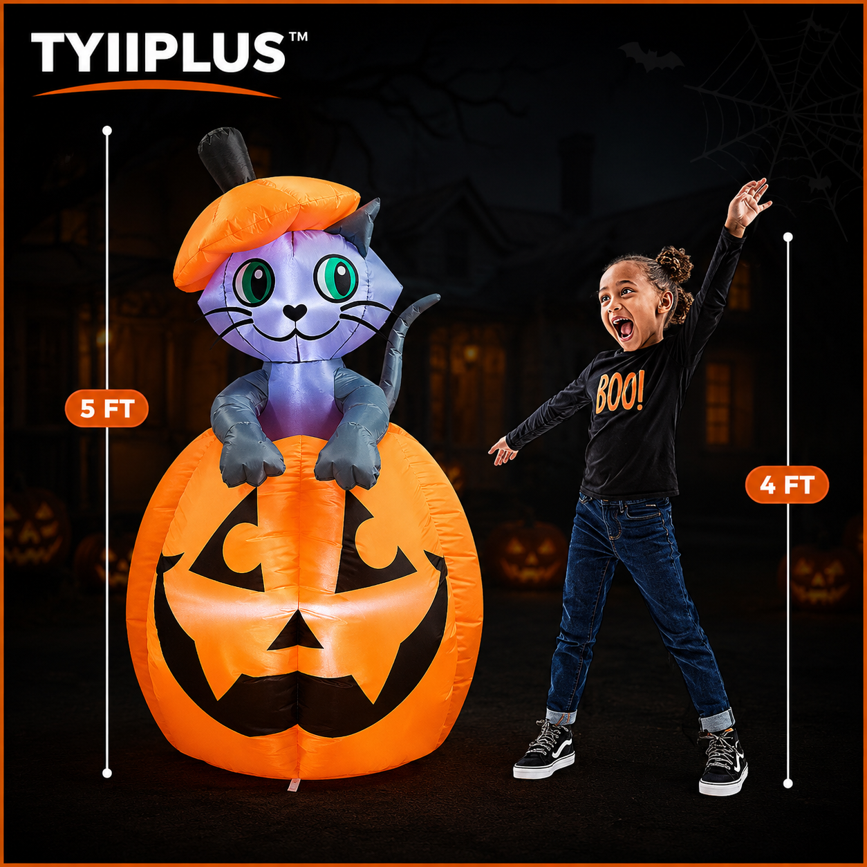 TYIIPLUS™ 5FT Animated Halloween Inflatable Cat in Pumpkin with LED Lights – Waterproof Outdoor Yard Decoration