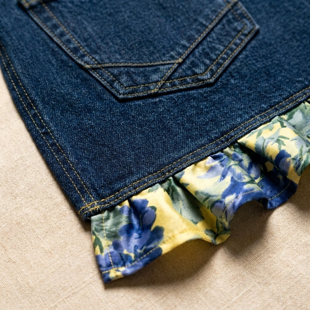 👖Denim Ruffle Apron – Upcycled from Vintage Jeans, Floral Lace Trim – Sustainable Gift for Garden & Kitchen 🧑🌾♻️