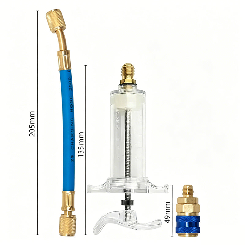 Precision AC Oil Dye Injector– Brass Construction, High Pressure Hose, Clear Barrel ✨