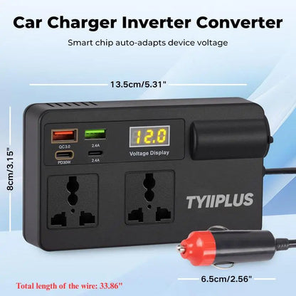 TYIIPLUS™ 12V/24V Car Power Inverter with PD30W Fast Charging & Dual AC Outlets