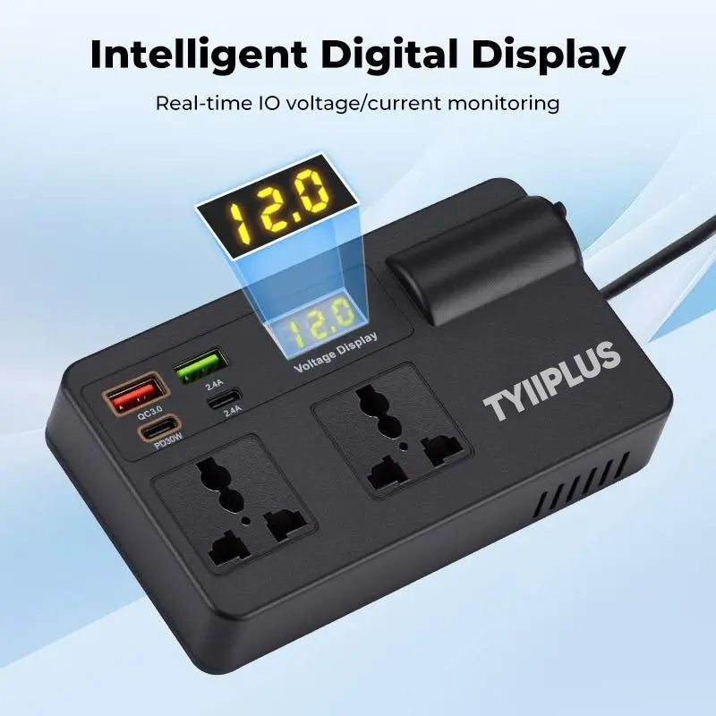 TYIIPLUS™ 12V/24V Car Power Inverter with PD30W Fast Charging & Dual AC Outlets