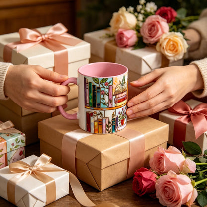 ☕📚Stained-Glass Ceramic Mug- Book Lover Gift, Floral Bookshelf Mug, Coffee & Tea Cup🌈