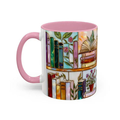 ☕📚Stained-Glass Ceramic Mug- Book Lover Gift, Floral Bookshelf Mug, Coffee & Tea Cup🌈