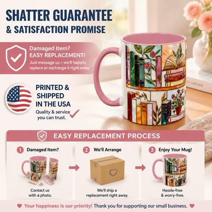 ☕📚Stained-Glass Ceramic Mug- Book Lover Gift, Floral Bookshelf Mug, Coffee & Tea Cup🌈