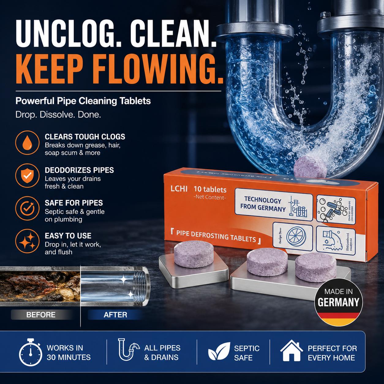TYIIPLUS™ Multi-Functional Pipe Cleaner Tablets – Drain, Washer & Septic System Cleaning Tablets | Odor Eliminator, Clog Remover & Descaler