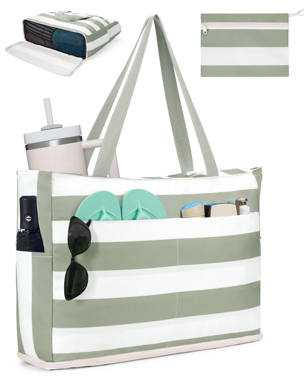 TYIIPLUS™ Large Waterproof Beach Tote Bag with Sandproof Bottom & 40oz Tumbler Pocket
