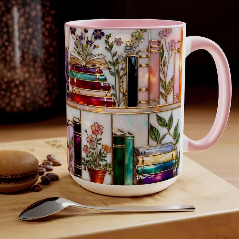 ☕📚Stained-Glass Ceramic Mug- Book Lover Gift, Floral Bookshelf Mug, Coffee & Tea Cup🌈