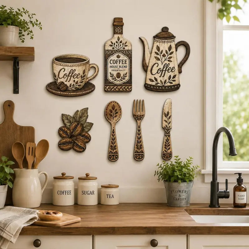 TYIIPLUS™ 7-Piece Wooden Coffee Kitchen Wall Decor Set – Vintage Farmhouse Coffee-Themed Wall Art