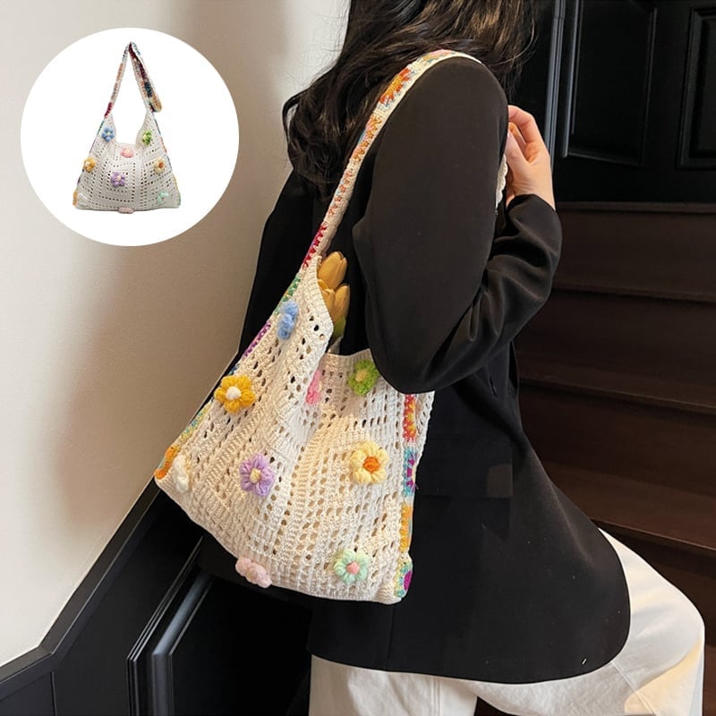 Casual Hollow Knit Tote Bag – Large Capacity Woven Shoulder Bag