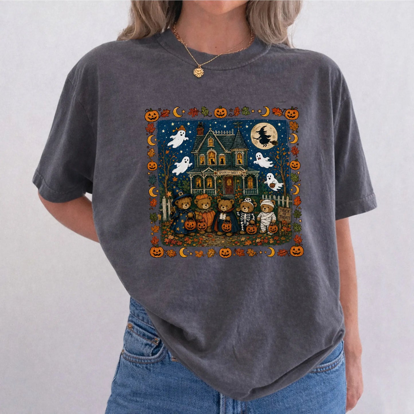 TYIIPLUS™ Vintage Halloween Bears Graphic T-Shirt – Cute Haunted House Trick or Treat Tee
