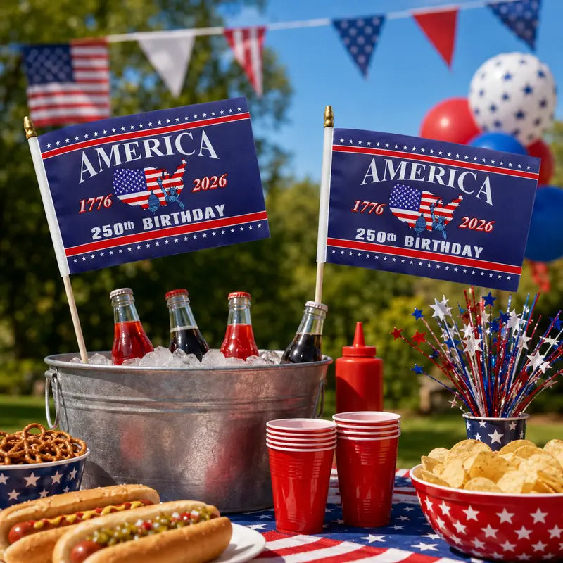 America 250th Birthday Handheld Flags – 1776–2026 Patriotic Mini Stick Flags for Independence Day Celebrations