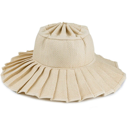 Handmade Foldable Straw Sun Hat for Women – UPF 50+ Wide Brim Pleated Beach Hat with Ponytail Opening & Packable Roll-Up Design