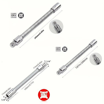TYIIPLUS™ Flexible Socket Extension Bar Set – Bendable Ratchet Wrench Extensions for Tight Spaces, CR-V Steel Automotive Repair Tool Kit