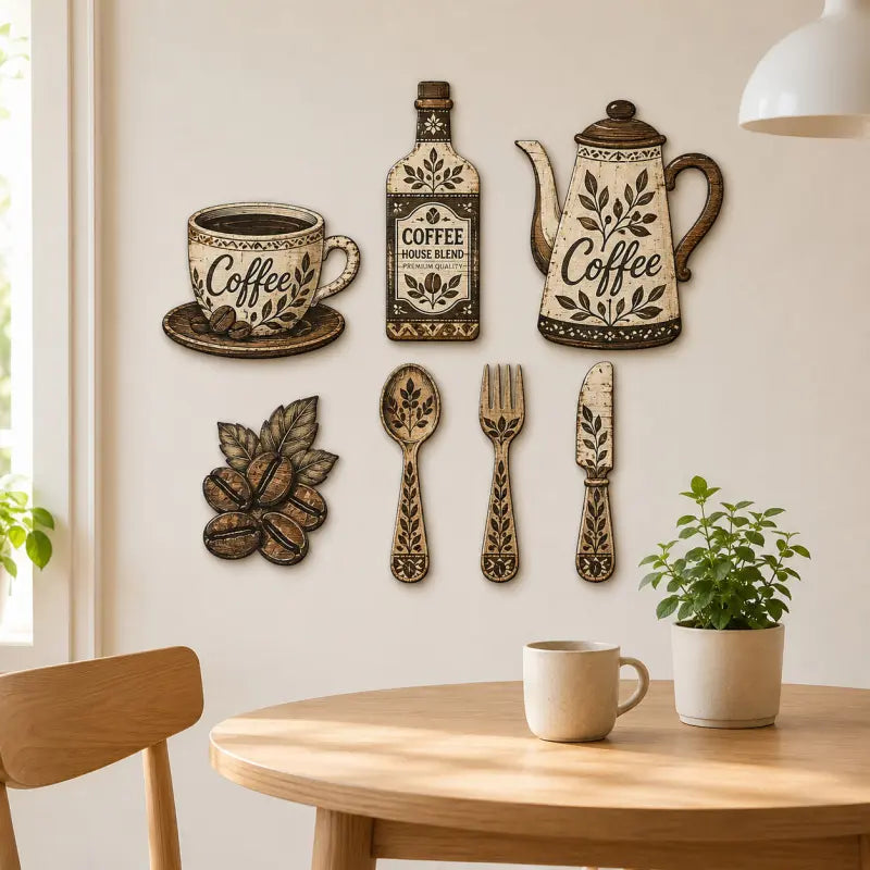 TYIIPLUS™ 7-Piece Wooden Coffee Kitchen Wall Decor Set – Vintage Farmhouse Coffee-Themed Wall Art