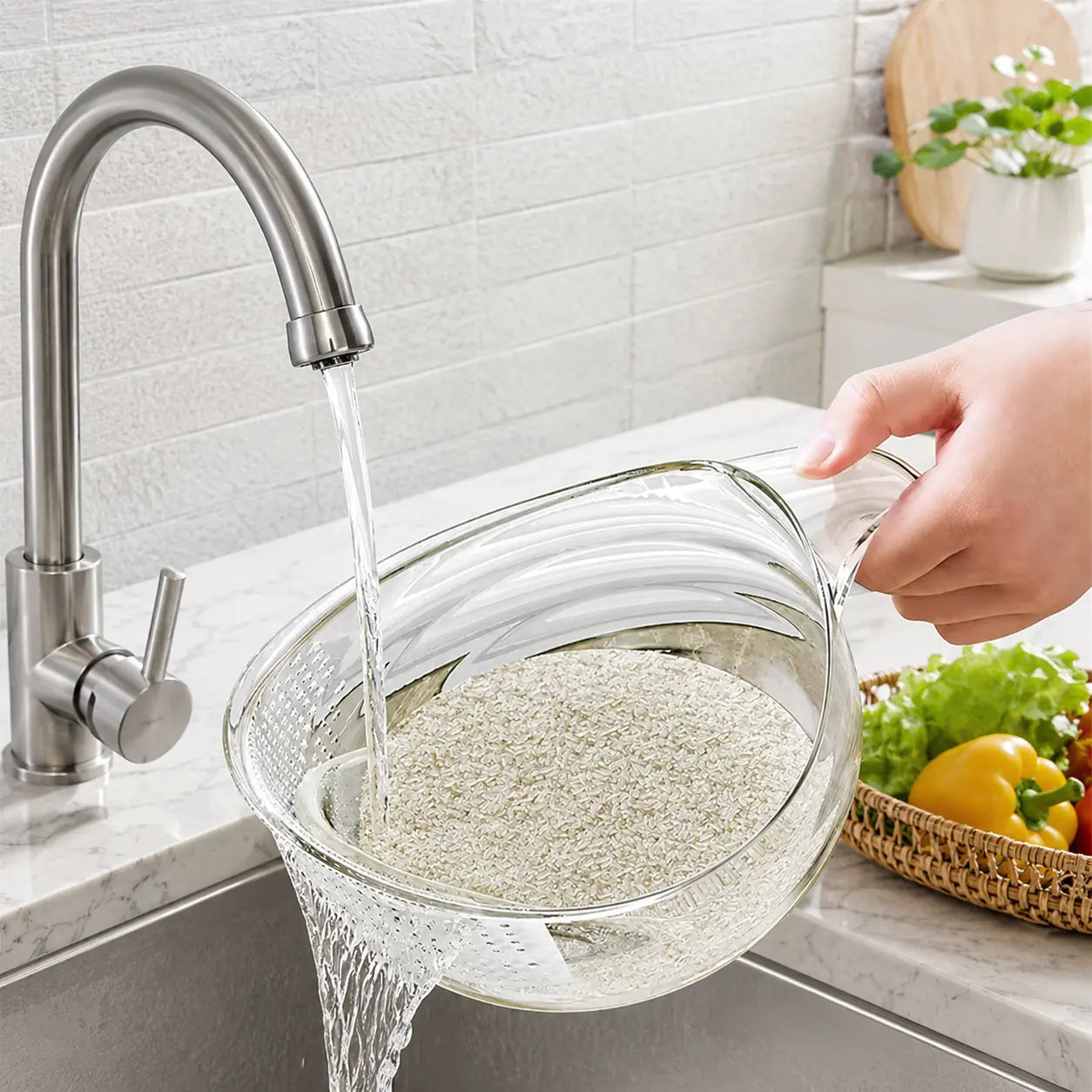 TYIIPLUS™ 2PCS Multifunctional Rice Strainer with Handle – BPA-Free Transparent Drain Basket for Rice, Vegetables, Fruits & Pasta
