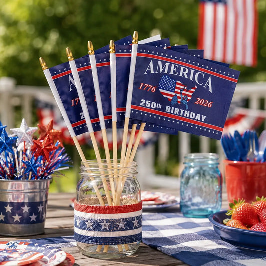 America 250th Birthday Handheld Flags – 1776–2026 Patriotic Mini Stick Flags for Independence Day Celebrations