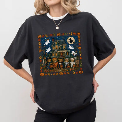 TYIIPLUS™ Vintage Halloween Bears Graphic T-Shirt – Cute Haunted House Trick or Treat Tee