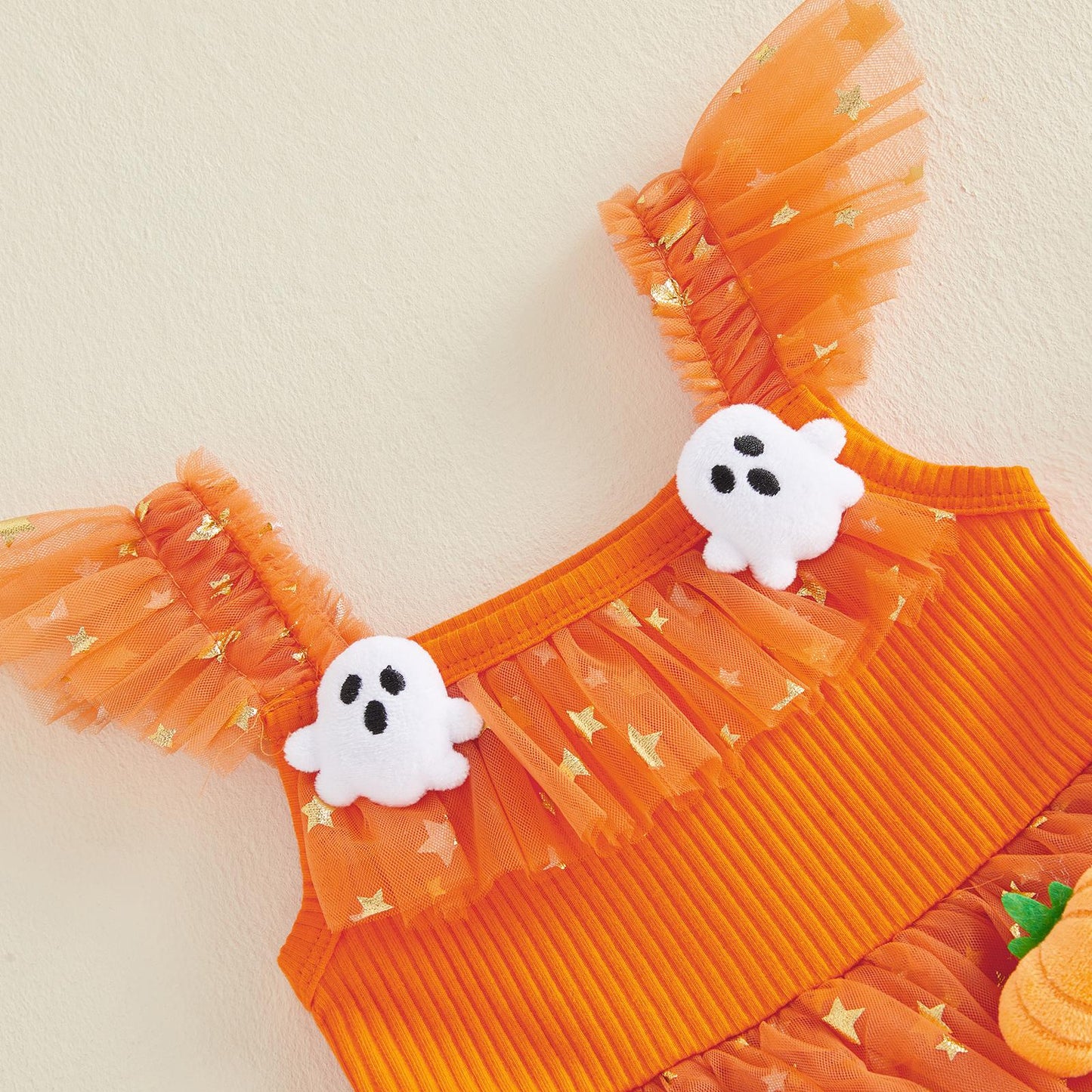 Baby Girls Halloween Pumpkin Ghost Tulle Dress – 3D Stuffed Pumpkin Tiered Princess Dress, Flying Sleeve Toddler Halloween Party Costume (12M–6Y)
