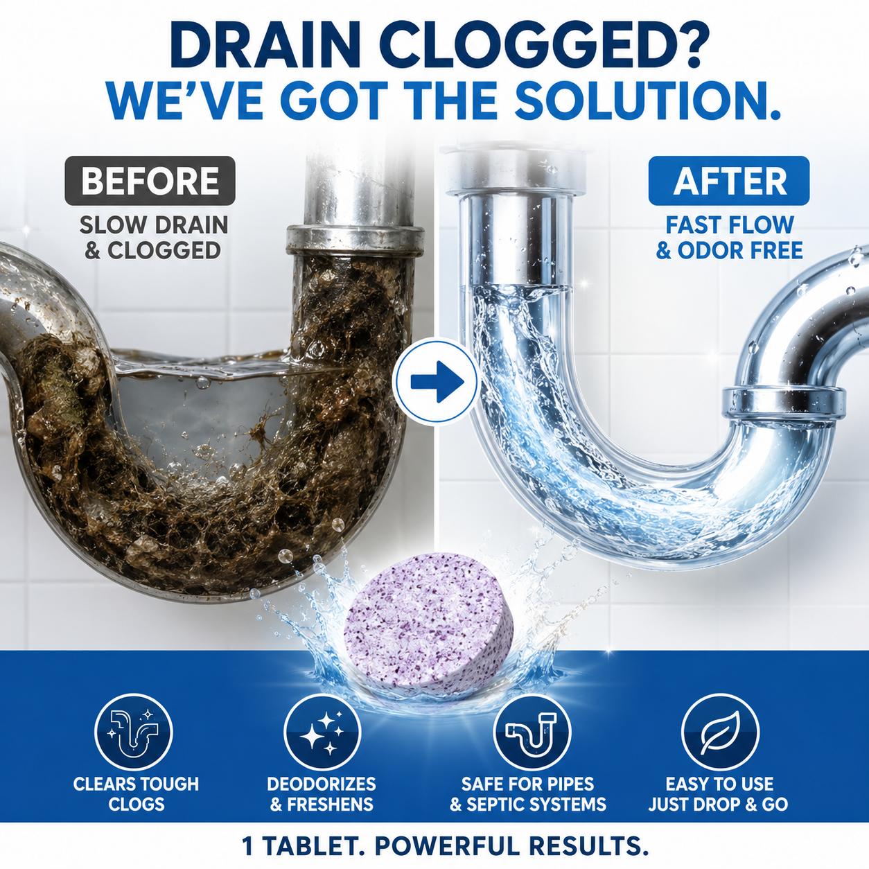 TYIIPLUS™ Multi-Functional Pipe Cleaner Tablets – Drain, Washer & Septic System Cleaning Tablets | Odor Eliminator, Clog Remover & Descaler