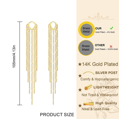 14K Gold Plated Long Tassel Threader Earrings for Women