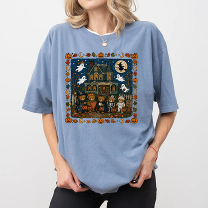 TYIIPLUS™ Vintage Halloween Bears Graphic T-Shirt – Cute Haunted House Trick or Treat Tee