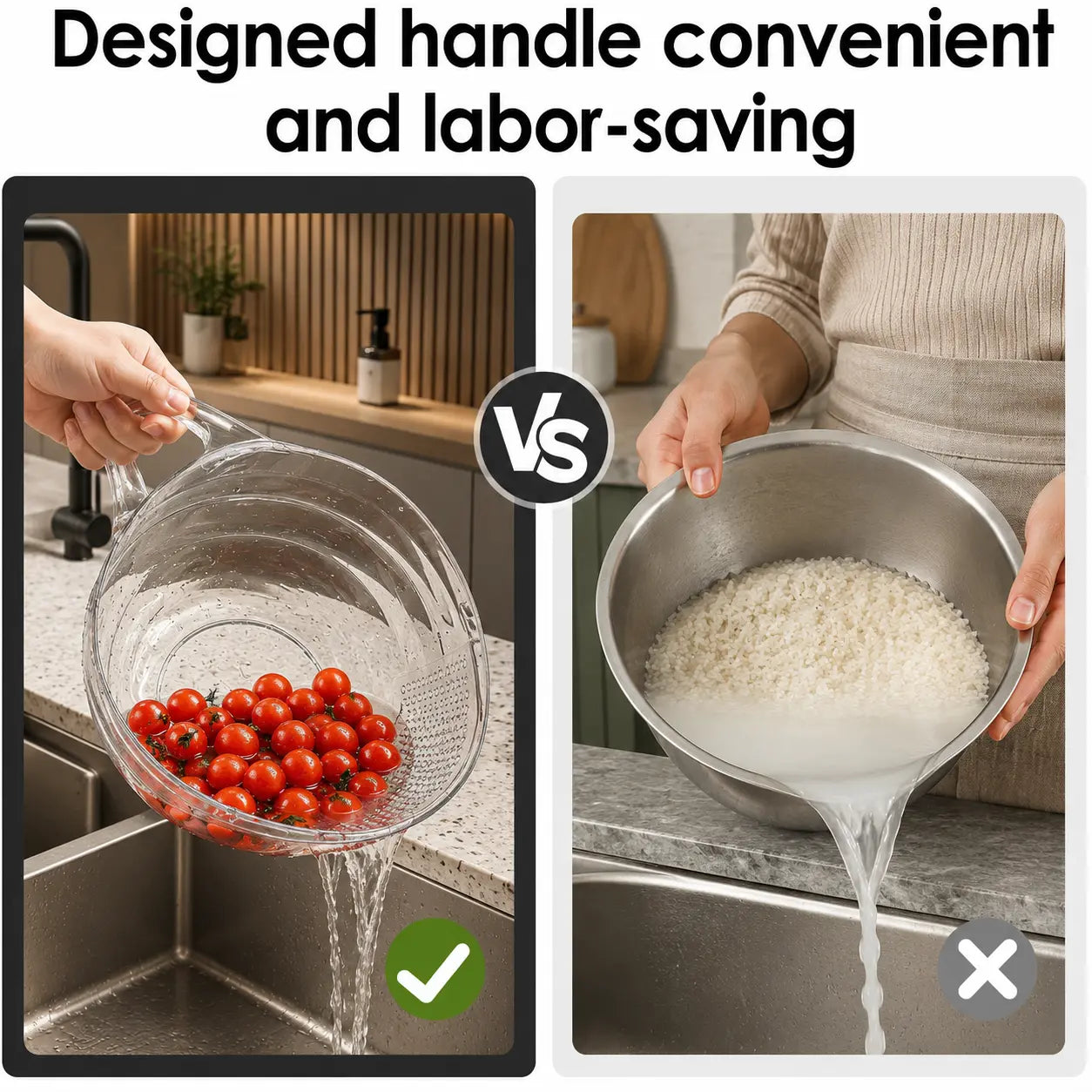TYIIPLUS™ 2PCS Multifunctional Rice Strainer with Handle – BPA-Free Transparent Drain Basket for Rice, Vegetables, Fruits & Pasta