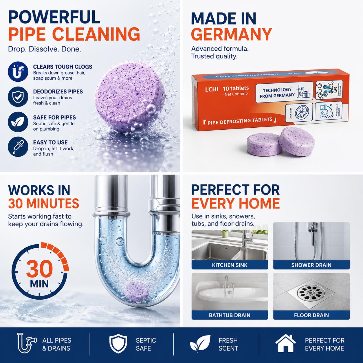 TYIIPLUS™ Multi-Functional Pipe Cleaner Tablets – Drain, Washer & Septic System Cleaning Tablets | Odor Eliminator, Clog Remover & Descaler