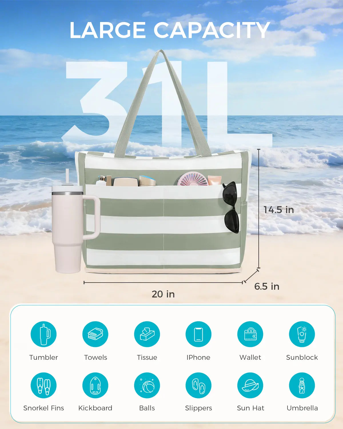 TYIIPLUS™ Large Waterproof Beach Tote Bag with Sandproof Bottom & 40oz Tumbler Pocket