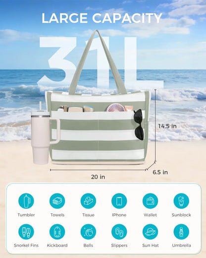 TYIIPLUS™ Large Waterproof Beach Tote Bag with Sandproof Bottom & 40oz Tumbler Pocket