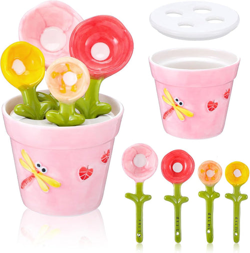 Cute Ceramic Flower Measuring Spoon Set with Pot Holder | 5-Piece Baking Measuring Spoons