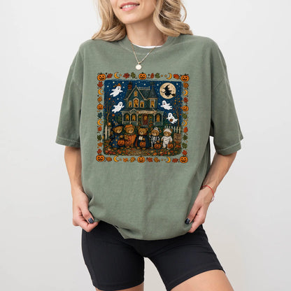 TYIIPLUS™ Vintage Halloween Bears Graphic T-Shirt – Cute Haunted House Trick or Treat Tee