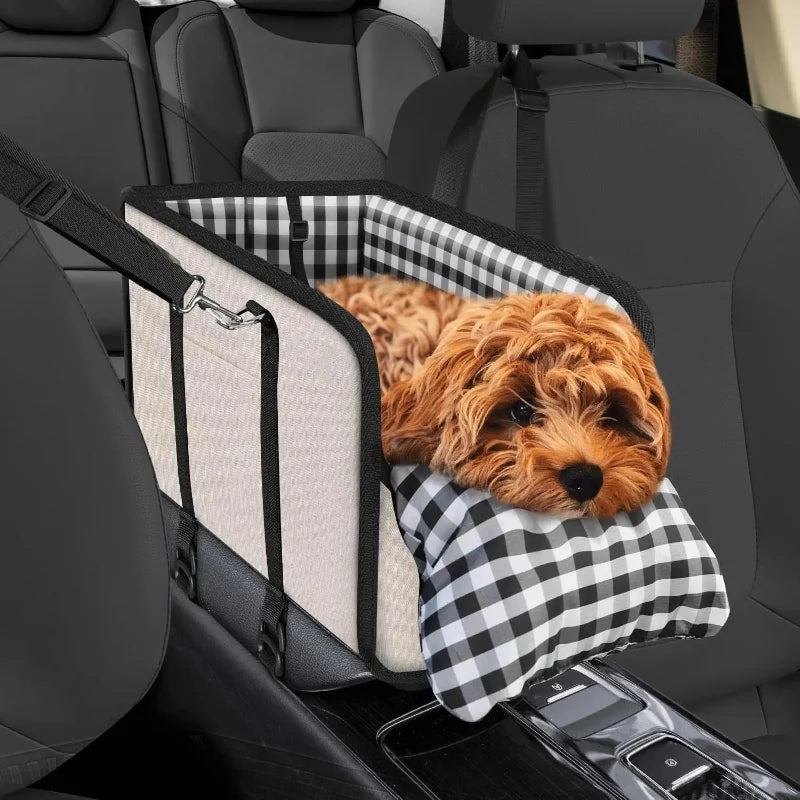 TYIIPLUS™ Center Console Dog Car Seat for Small Dogs & Cats – Portable Pet Booster Seat with Safety Leash, Removable Cushion & Storage Pocket