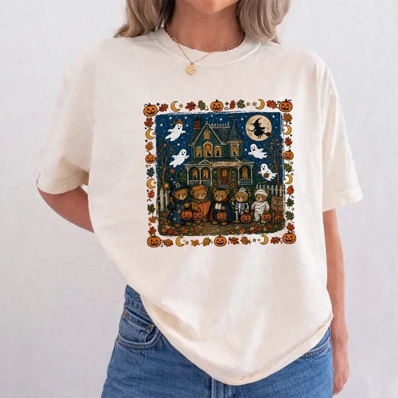 TYIIPLUS™ Vintage Halloween Bears Graphic T-Shirt – Cute Haunted House Trick or Treat Tee