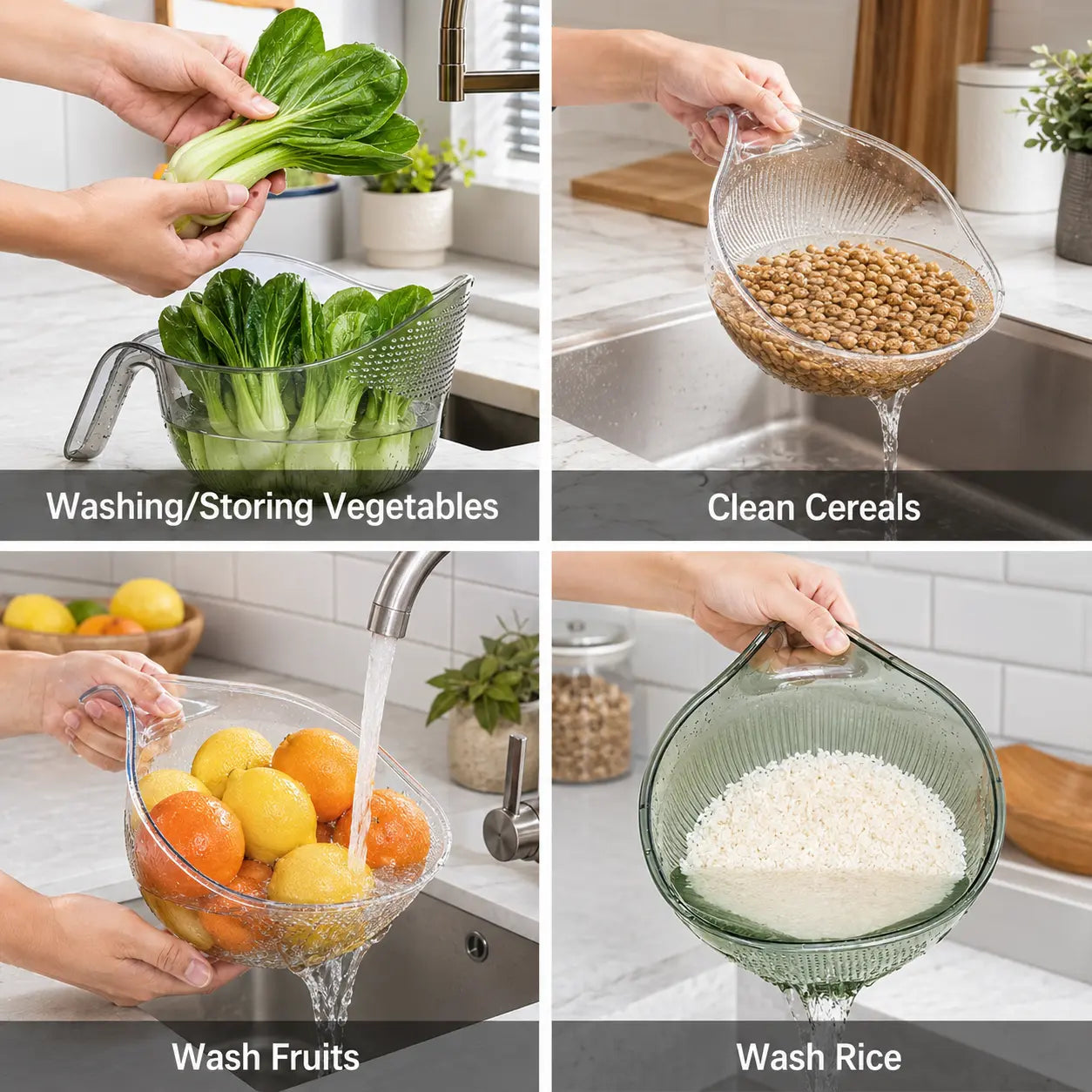 TYIIPLUS™ 2PCS Multifunctional Rice Strainer with Handle – BPA-Free Transparent Drain Basket for Rice, Vegetables, Fruits & Pasta