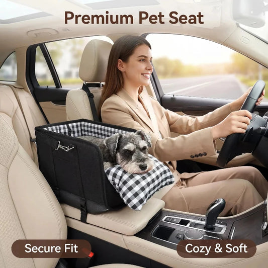 TYIIPLUS™ Center Console Dog Car Seat for Small Dogs & Cats – Portable Pet Booster Seat with Safety Leash, Removable Cushion & Storage Pocket