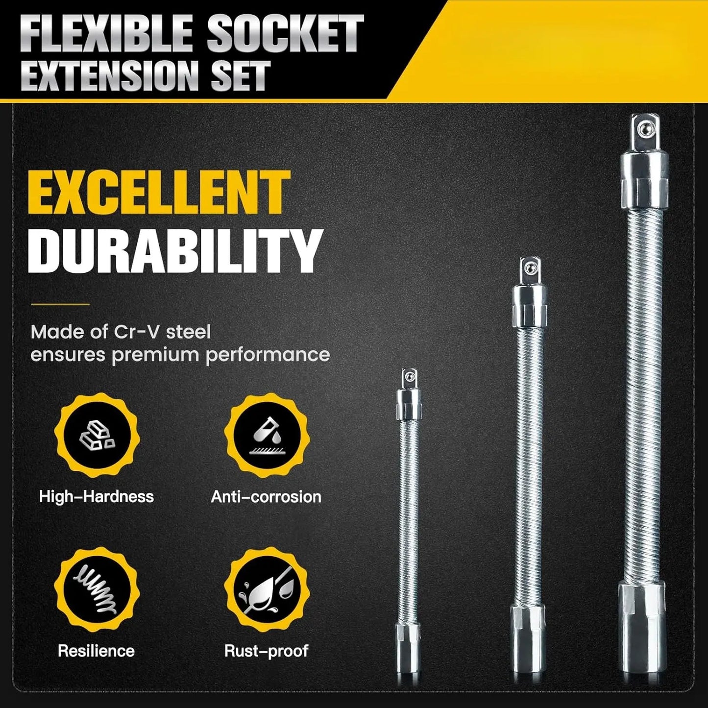 TYIIPLUS™ Flexible Socket Extension Bar Set – Bendable Ratchet Wrench Extensions for Tight Spaces, CR-V Steel Automotive Repair Tool Kit