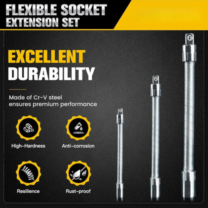 TYIIPLUS™ Flexible Socket Extension Bar Set – Bendable Ratchet Wrench Extensions for Tight Spaces, CR-V Steel Automotive Repair Tool Kit
