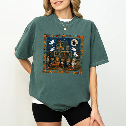 TYIIPLUS™ Vintage Halloween Bears Graphic T-Shirt – Cute Haunted House Trick or Treat Tee