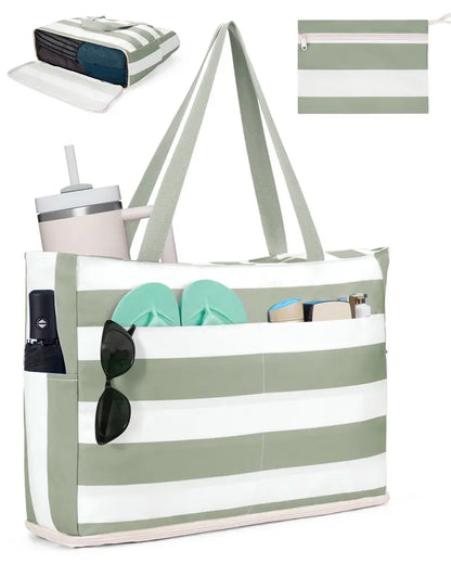 TYIIPLUS™ Large Waterproof Beach Tote Bag with Sandproof Bottom & 40oz Tumbler Pocket