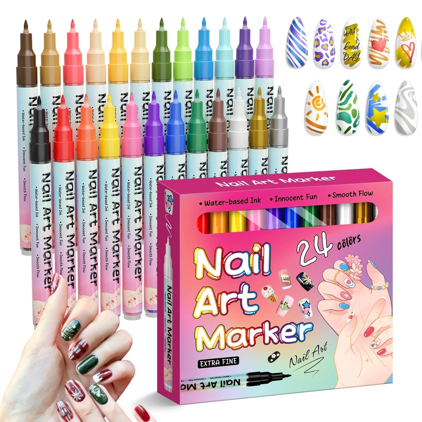 Nail Art Marker Set (12/24 Colors) – Waterproof DIY Nail Pens with Precision Tips for Easy Nail Design