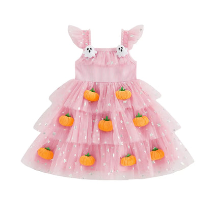 Baby Girls Halloween Pumpkin Ghost Tulle Dress – 3D Stuffed Pumpkin Tiered Princess Dress, Flying Sleeve Toddler Halloween Party Costume (12M–6Y)