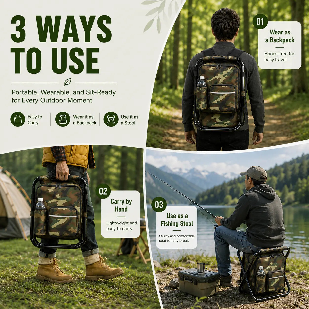 TYIIPLUS™ 3-in-1 Folding Backpack Stool with Insulated Cooler Bag