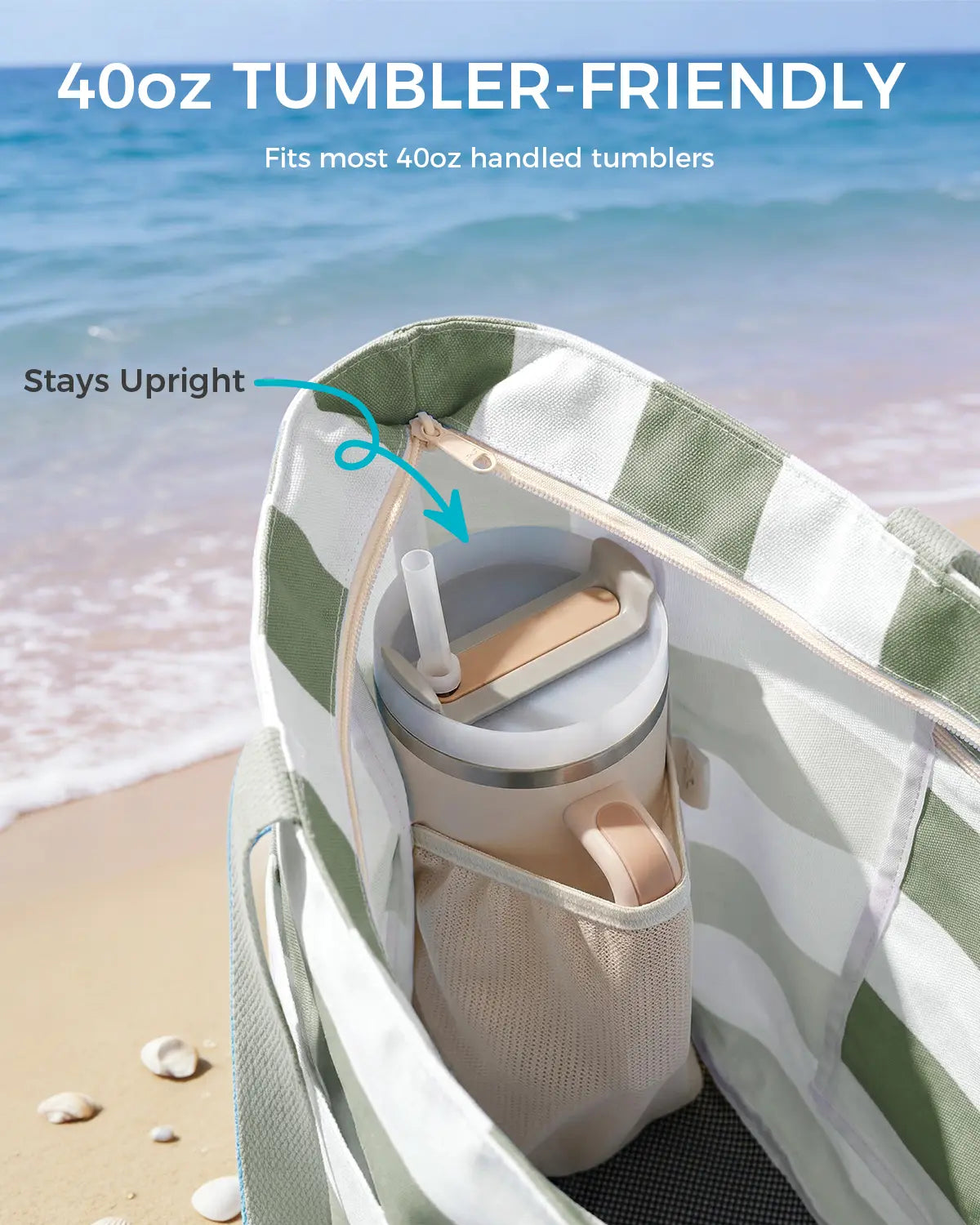 TYIIPLUS™ Large Waterproof Beach Tote Bag with Sandproof Bottom & 40oz Tumbler Pocket