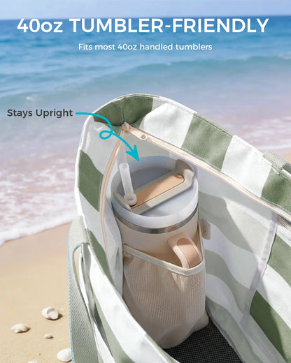 TYIIPLUS™ Large Waterproof Beach Tote Bag with Sandproof Bottom & 40oz Tumbler Pocket