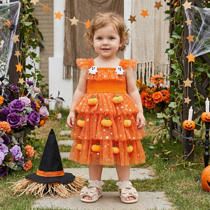 Baby Girls Halloween Pumpkin Ghost Tulle Dress – 3D Stuffed Pumpkin Tiered Princess Dress, Flying Sleeve Toddler Halloween Party Costume (12M–6Y)