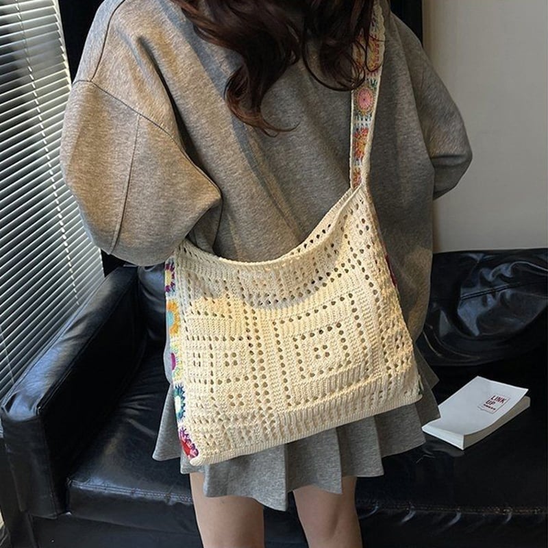 Casual Hollow Knit Tote Bag – Large Capacity Woven Shoulder Bag
