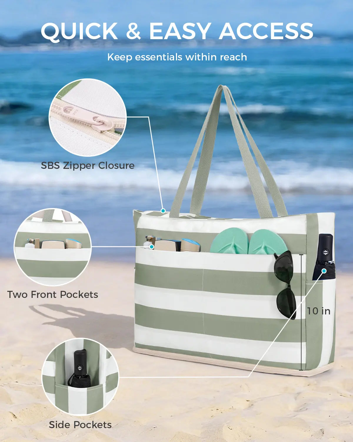 TYIIPLUS™ Large Waterproof Beach Tote Bag with Sandproof Bottom & 40oz Tumbler Pocket